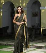 Black linen all body multi colour zari check handwoven tissue saree