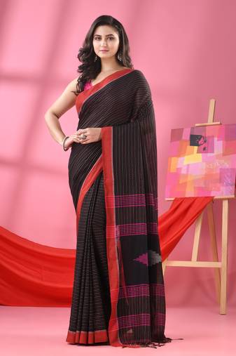 Black cotton kantha stitch handloom saree