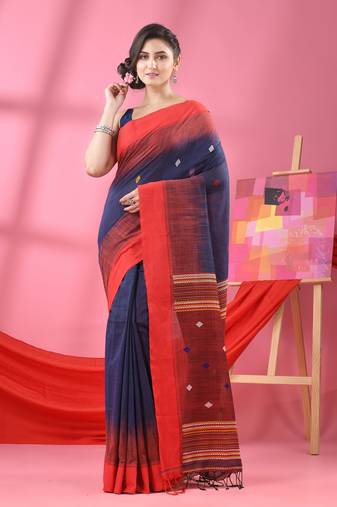 Dark blue cotton tie dye handloom saree