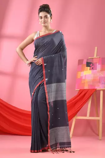 Ash grey cotton all body plus buti handloom saree