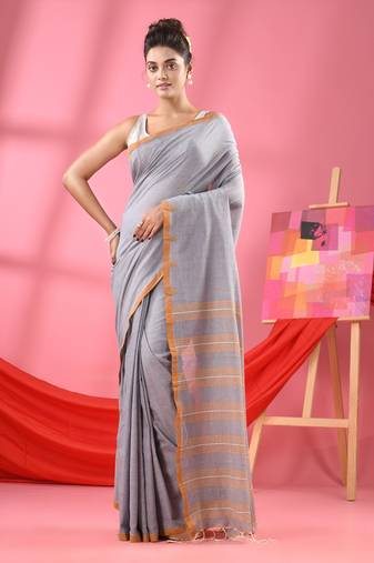 Silver grey cotton all body buti handloom saree