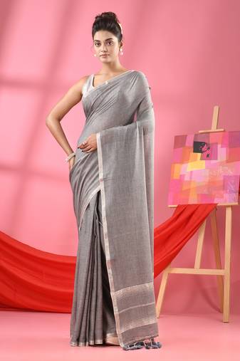 Grey cotton jacquard border handloom saree