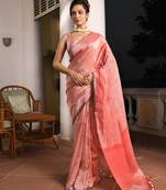 Peach orange linen zari tissue handwoven saree