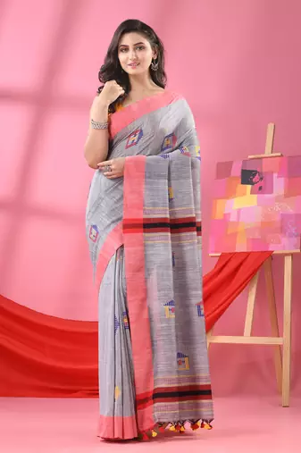 Silver grey cotton all body hut motive handloom saree