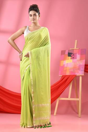 Pastel green cotton jacquard border handloom saree