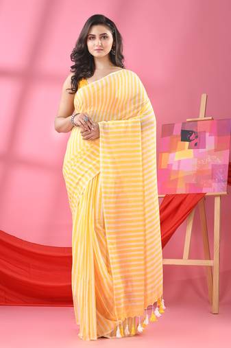 Yellow & White Stripe Cotton Handloom Saree Without Blouse