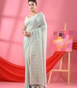Turquoise & White Stripe Cotton Handloom Saree Without Blouse