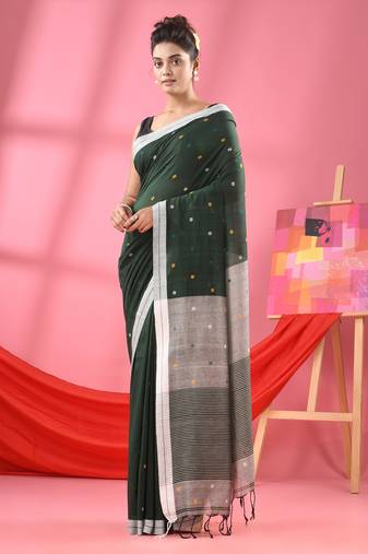 Bottle green cotton all body ball buti handloom saree