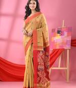 Beige cotton blend jacquard work handloom saree