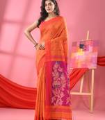 Orange cotton blend jacquard work handloom saree