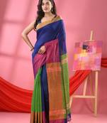 Blue & green cotton blend half and half handloom saree
