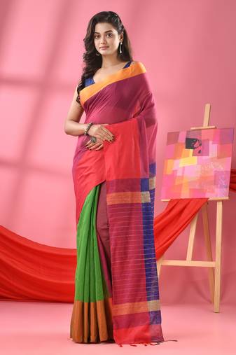 Mulberry pink & green cotton blend half and half handloom saree