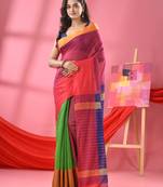 Mulberry pink & green cotton blend half and half handloom saree