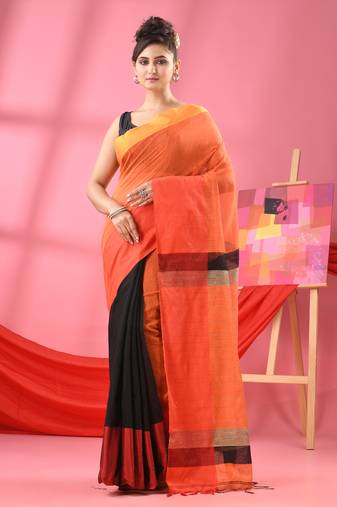 Orange & black cotton blend half and half handloom saree