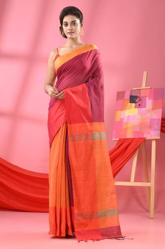 Magenta & orange cotton blend half and half handloom saree