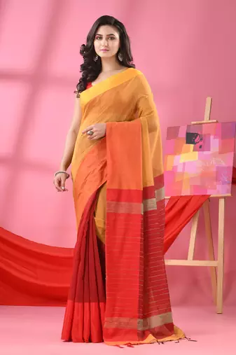 Mustard & maroon cotton blend half and half handloom saree