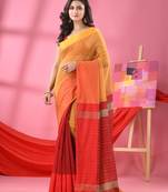 Mustard & maroon cotton blend half and half handloom saree