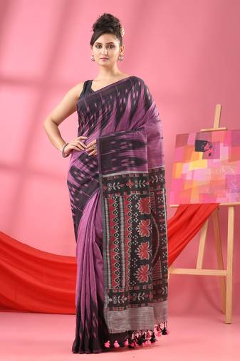 Royal Purple Cotton Blend Printed Handloom Saree Without Blouse