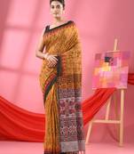 Mustard Cotton Blend Printed Handloom Saree Without Blouse