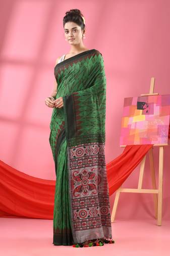 Green Cotton Blend Printed Handloom Saree Without Blouse
