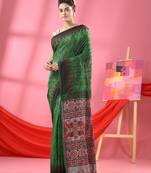 Green Cotton Blend Printed Handloom Saree Without Blouse