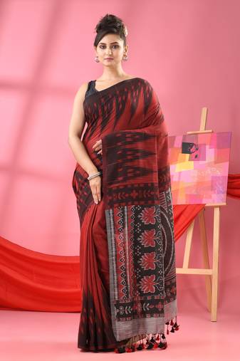 Red Cotton Blend Printed Handloom Saree Without Blouse