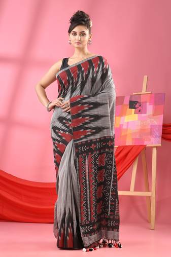 Silver Grey Cotton Blend Printed Handloom Saree Without Blouse