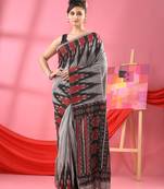 Silver Grey Cotton Blend Printed Handloom Saree Without Blouse