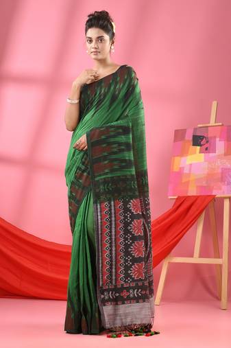 Green Cotton Blend Printed Handloom Saree Without Blouse