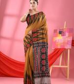 Mustard Cotton Blend Printed Handloom Saree Without Blouse