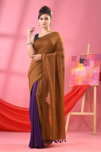 Mustard & purple cotton molmol handloom saree