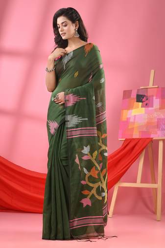 Deep green cotton blend jamdani saree