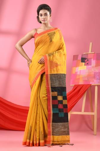 Sunglo yellow cotton blend handloom saree