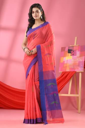 Georgia peach cotton blend boat motive handloom saree