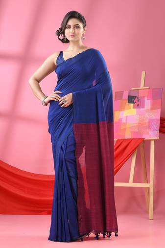Blue cotton molmol handloom saree