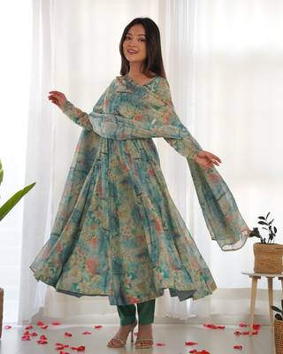 Pure Soft Organja Silk Fabric Fully Flair Kali Pattern And Canvas Patta Kurti, Dupatta, Pent 1