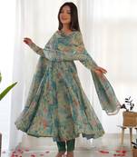 Pure Soft Organja Silk Fabric Fully Flair Kali Pattern And Canvas Patta Kurti, Dupatta, Pent