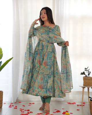Pure Soft Organja Silk Fabric Fully Flair Kali Pattern And Canvas Patta Kurti, Dupatta, Pent 3