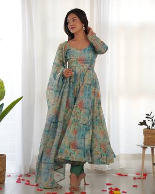 Pure Soft Organja Silk Fabric Fully Flair Kali Pattern And Canvas Patta Kurti, Dupatta, Pent 4