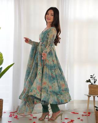 Pure Soft Organja Silk Fabric Fully Flair Kali Pattern And Canvas Patta Kurti, Dupatta, Pent 5
