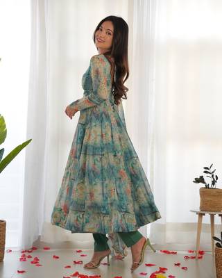 Pure Soft Organja Silk Fabric Fully Flair Kali Pattern And Canvas Patta Kurti, Dupatta, Pent 6