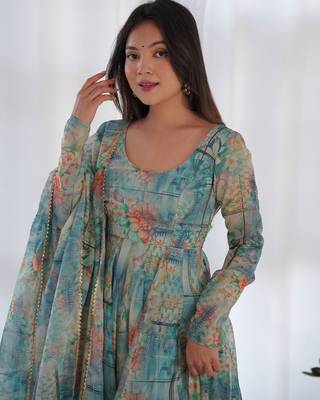 Pure Soft Organja Silk Fabric Fully Flair Kali Pattern And Canvas Patta Kurti, Dupatta, Pent 7