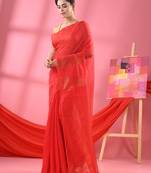 Red Cotton Blend Handloom Saree Without Blouse