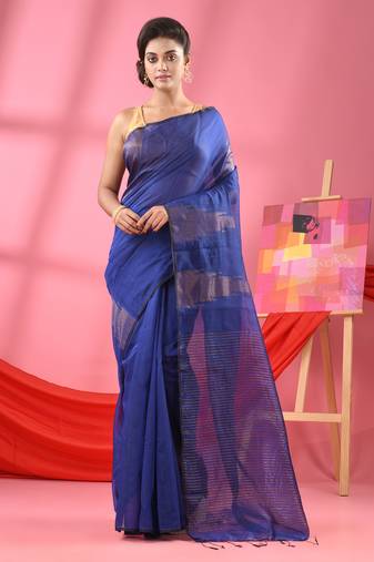 Bule Cotton Blend Handloom Saree Without Blouse