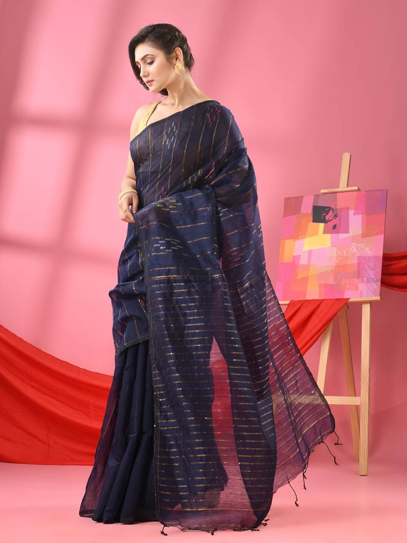 Deep Navy Blue Color Pure Handloom Silk Saree With Contrast Matching Red Color Pallu And Blouse