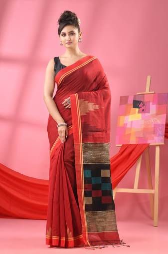 Red cotton blend handloom saree