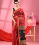 Red cotton blend handloom saree