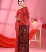 Red cotton blend handloom jamdani saree