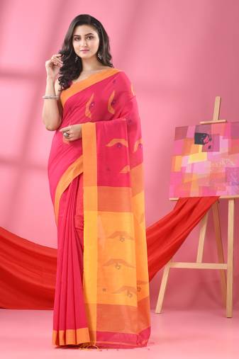Hot pink cotton blend boat motive handloom saree