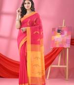 Hot pink cotton blend boat motive handloom saree